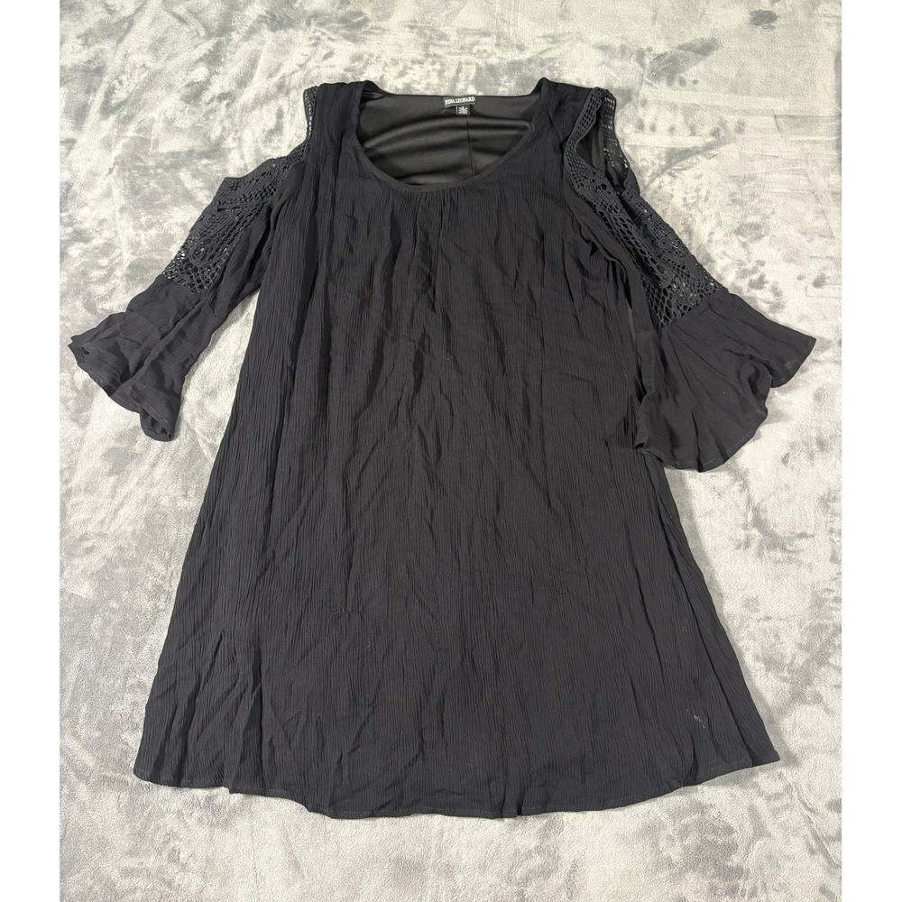 Nina Leonard Women Cold Shoulder Crochet Lace Dress L Black Crinkle Gauze Bell
